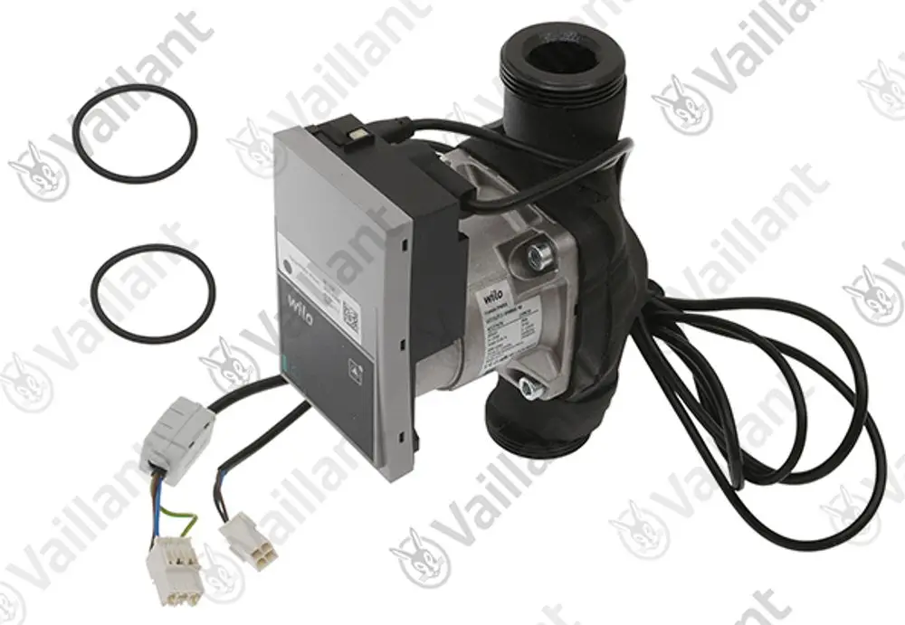 Vaillant Pumpe mit schwarzem und silbernem Gehäuse, elektrischen Anschlüssen und zwei O-Ringen, für Anwendungen im Solekreis.